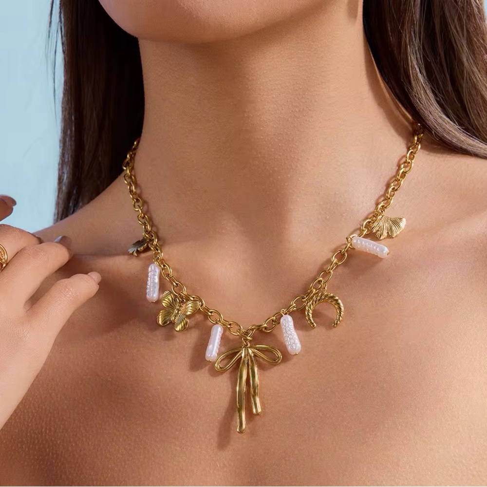 18K Gold Plated Bow And Charm Necklace